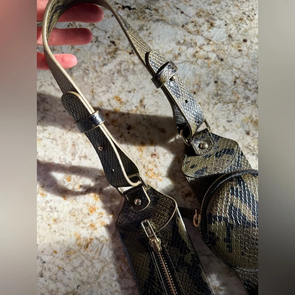 BANDOLIER “Jayden” Leather Utility Strap in Brown Snake and Gold, Like New